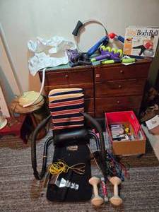 lot 219 image: Huge Lot of Misc. Workout Items Hand Weights, Weider Shaper, Thigh Master, VHS Tapes