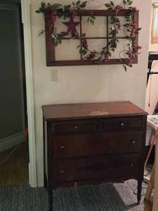 lot 227 image: Vintage Wood Dresser and Decorated Vintage Window