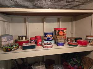 lot 234 image: Shelf with Assorted Food and Decorative Tins and Containers
