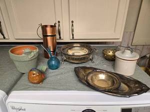 lot 267 image: Small Crock, Flower Pot, Silver Plate Server and More