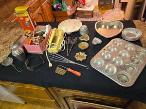 lot 330 image: Huge Lot of Kitchen Instruments - Mixer, Heart Pans and More