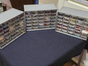 lot 380 image: 3 Small Parts Storage with Various Small Sewing Items