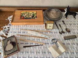 lot 470 image: Vintage Collectibles Lot Mouth Harp, Old Harmonica, Box, Silverware, Clock, Novelty Items