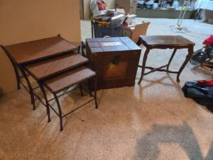 lot 481 image: Steamer Trunk, Nesting Tables, and Vintage Side Table