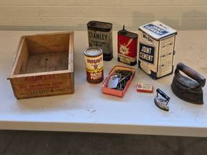 lot 526 image: Vintage Garage Items, Cans and Hardware Lot with Wooden Box