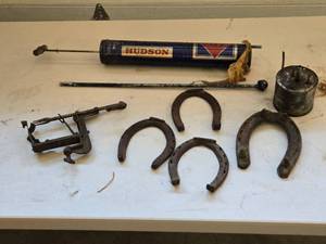 lot 539 image: Vintage Farm Tools and Accessories Lot, Horseshoes, Apple Peeler