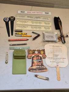 lot 559 image: Vintage Advertising Memorabilia Lot - Pens, Rulers, Thermometers, and More