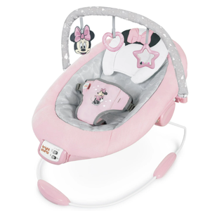 lot 212 image: Disney Baby Slip Resistant Vibrating Infant Baby Bouncer, Minnie Mouse Rosy Skies by Bright Starts