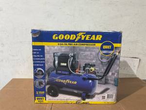 lot 42 image: Goodyear. 8 Gallon Quiet. Oil-Free Horizontal Air Compressor. Portable with Handle and Wheels