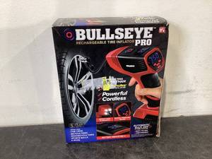 lot 513 image: Bullseye Tire Inflator 150 PSI Electric Air Compressor Portable Air Pump For Car Bike LED Tire Pressure Gauge