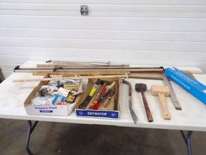lot 120 image: Assorted Tools,  Wood Mallet, crow bar, Hinges and hardware