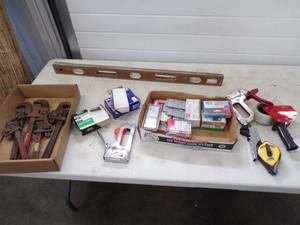 lot 126 image: Pipe Wrenches, Nails and Staples with Tape Dispenser