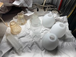 lot 43 image: Vintage Glass Lampshades - White, Gold, Clear
