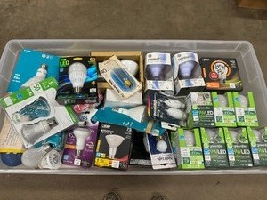 lot 50 image: Tote of Light Bulbs. Various Sizes and Styles. Many new in box.