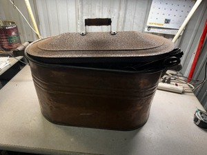 lot 149 image: Vintage Copper Boiler Washtub with Fire Place Utensils