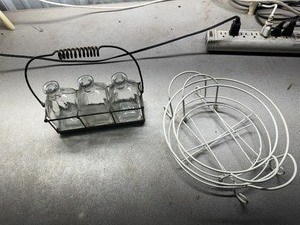 lot 134 image: Vintage Wire Caddy with Glass Decanters and Vintage Casserole Dish Holders