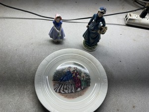 lot 135 image: Victorian Themed Victory China Plate and Two Porcelain Victorian Figurines