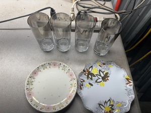 lot 123 image: Vintage Serving Plates (made in China) and Four Matching Smoke Top Glasses
