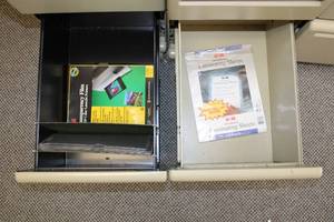 lot 149-7 image: Lot of 3 Rolling Office File Cabinets with Stationery