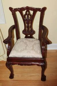 lot 55 image: Vintage Mahogany Carved Wood Armchair with Upholstered Seat