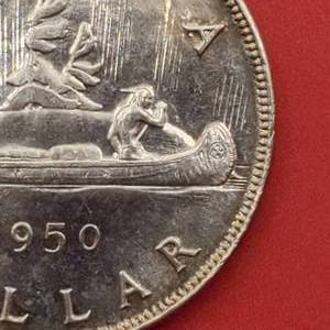 1950 Canada Silver Dollar, Full Water Lines--Logs On Island--Higher Grade, Mintage 261,002 for all 1950 dollars--80% Silver
