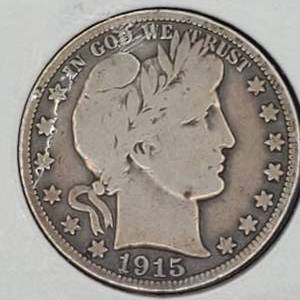 1915 Barber Half Dollar, Nice, KEY, Mintage is only 138,000 (White line is a reflection in the Flip)--90% Silver