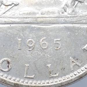 1965 Canada Silver Dollar, Small Beads, Pointed 5, Higher Grade, Mintage 10,768,569 for all 1965 Dollars--80% Silver