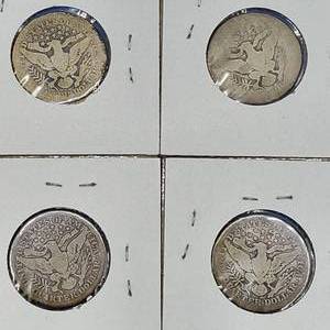 (4) Barber Quarters--1907, 1907-D, 1908-D & 1914--90% Silver