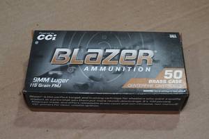 lot 225 image: 50 CCI Blazer 9mm Luger 115 Gr FMJ Ammo