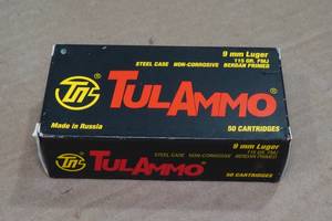 lot 228 image: 50 TulAmmo 9mm Luger 115 Gr FMJ Steel Case Ammo