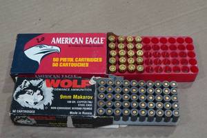 lot 242 image: 9mm Makarov Ammo - 50 Wolf 109 Gr FMJ, 20 American Eagle 95 Gr FMJ