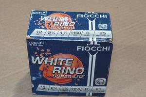 lot 288 image: 25 Fiocchi White Rino 12 Gauge 2-34 8 Shot Shotshells
