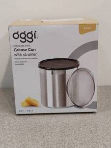 lot 28 image: NEW OGGI STAINLESS STEEL GREASE CAN WITH STRAINER