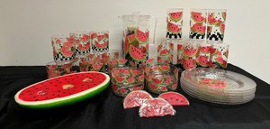 lot 104 image: Watermelon Motif Lucite Dishware Service for 8