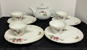 lot 107 image: Vintage Pink Rose Floral China Snack Plates with Cups and Pot