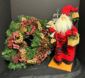 lot 115 image: Festive Wreath and Santa Figurine by Lynn Haney