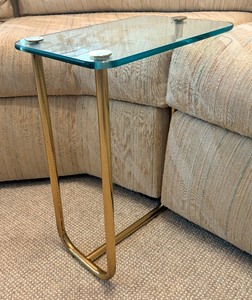 lot 123 image: Brass and Glass Side Table  Brass and Glass C-Shaped Accent Table