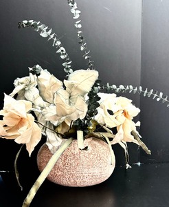 lot 59 image: Beautiful Clay Vase with Faux Flowers with Sage, Creams and Blues