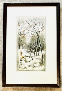 lot 65 image: Framed Art by Paul Lancaster Hand-Colored Etching on Paper of Winter Landscape Scene