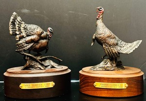 lot 74 image: Two Turkey Figurines Mounted on Base for The Quarter Strutt Harvey Rattey 1992 and Prairie Gobbler Harvey Rattey 1993