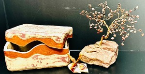 lot 156 image: Pottery Trinket Box with Butterfly and Wire Bonsai Tree Sculpture