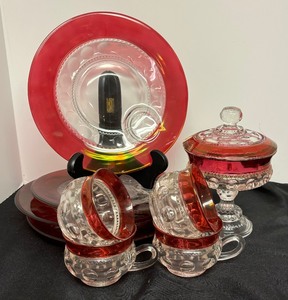 lot 204 image: Vintage Ruby Red Glassware including Vintage Indiana Glass Kings Crown Thumbprint Red Pink Flash Covered Compote