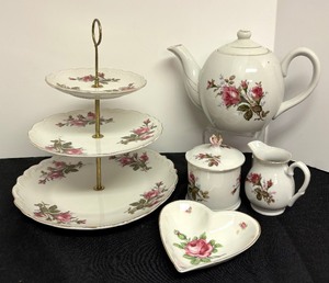 lot 210 image: Vintage Pink Rose Floral Three Tier Serving Tray, Heart Dish, Teapot and More