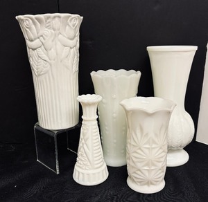 lot 220 image: Variety of Vintage White Vases including Milk Glass