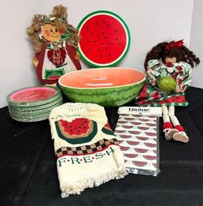 lot 227 image: Fun Watermelon Motif Bowl, Dolls, New Paper Plates, Towel and More