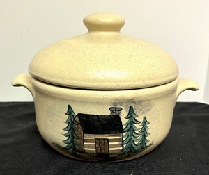 lot 229 image: Rustic Cabin Motif Pottery Bowl with Lid