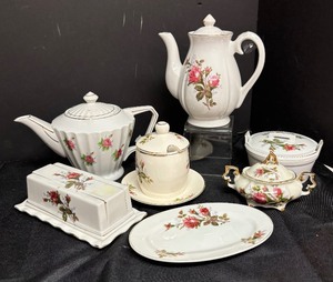 lot 308 image: Vintage Pink Rose Floral Pots, Butter Dish, Sugar Dishes and More