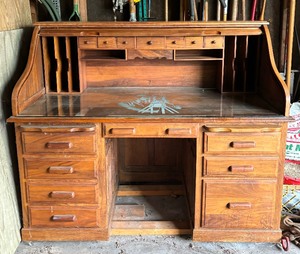 lot 54A image: Vintage Roll Top Desk with Military Motif Overlay