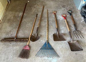 lot 346A image: Shovels, Rake, Pitchfork and Brooms