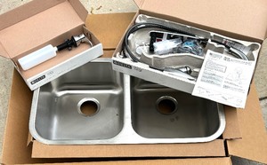 lot 431 image: New Blanko Kitchen Sink, Delta Kitchen Faucet and Delta SoapLotion Dispenser